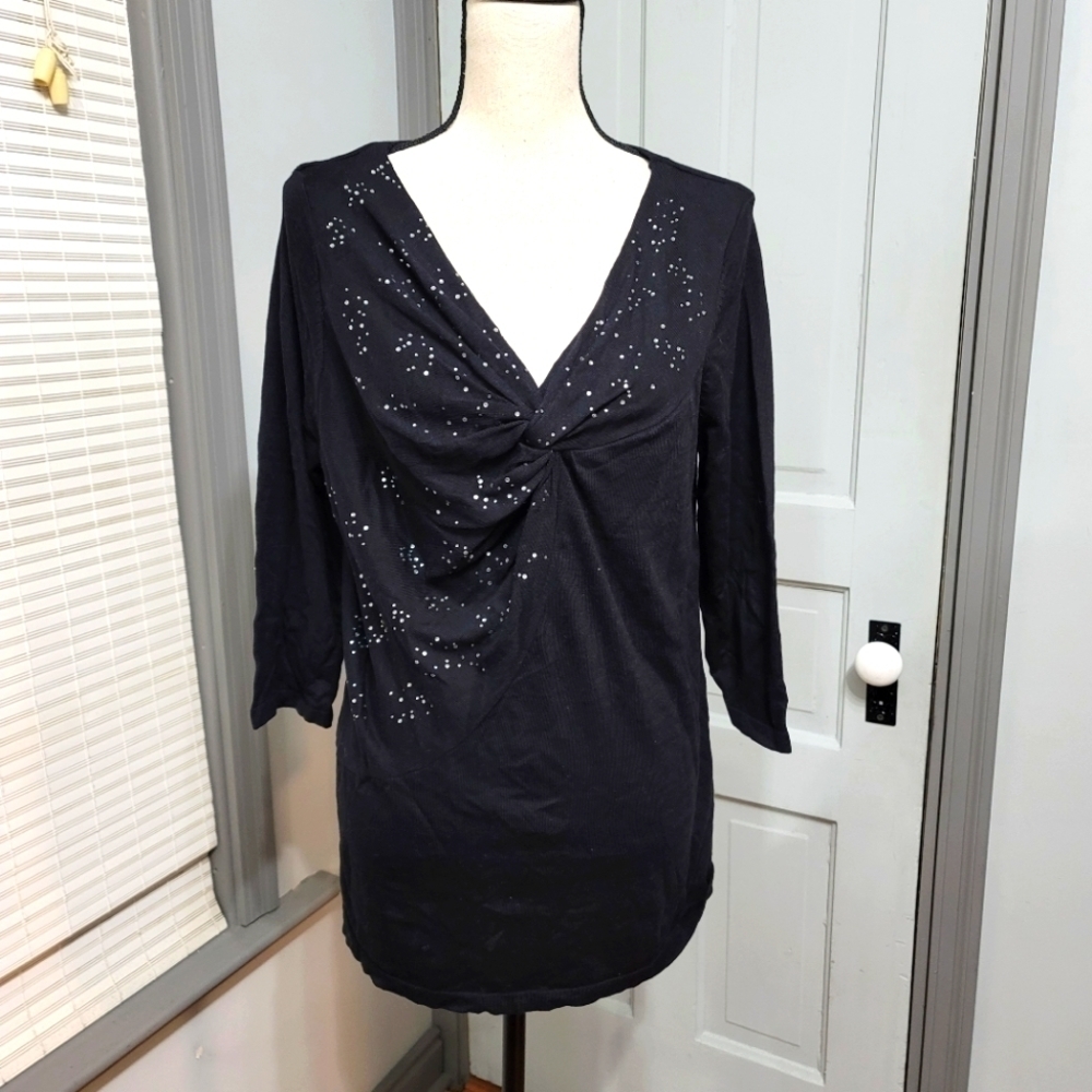 Lane Bryant Twisted Neckline Rhinestone Embellished Knit Top Black size 14/16